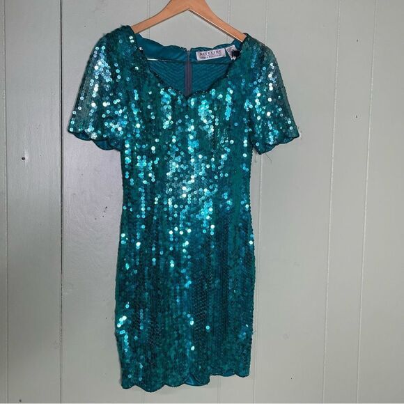 90's Niteline Sequin Turquoise Hoco Mini Dress Vintage 4 - Picture 1 of 9